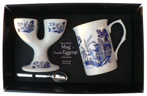 Blue willow pattern Double eggcup with Egg Spoon and Bone China Mug Gift Boxed