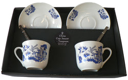 Blue willow pattern set of 2 cups and saucers gift boxed with teaspoons