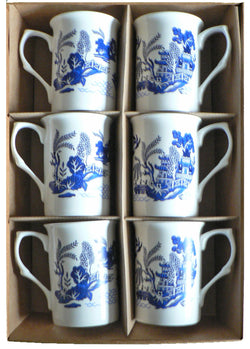 Blue willow pattern Bone china mugs - set of 6 gift boxed 10oz mugs all matching
