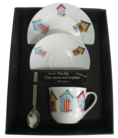 Beach hut pattern trio set. cup & saucer with teaspoon and matching tea plate gift boxed