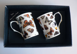 Butterfly mug gift set 2x bone china mugs with butterfly print in black gift box