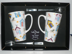 Pair of Beach Huts latte mugs with spoons gift boxed 3/4pt capacity