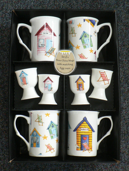 Beach Hut Bone china mugs and egg cups gift boxed set