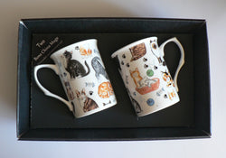 Cats mug gift set 2x bone china mugs with cats & kittens print in black gift box