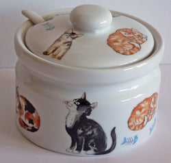 Cat ceramic preserve jar with ceramic spoon