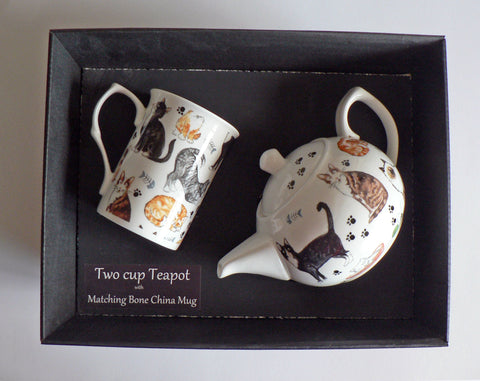 Cats 2 cup teapot,with matching bone china mug - gift boxed