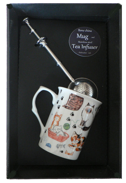 Cats and kittens bone china mug with stainless steel tea infuser gift boxed