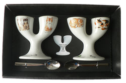 Cats double egg cups - 2 ceramic egg cups with spoons gift boxed