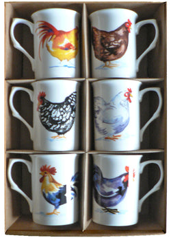 Chicken Bone china mugs -set of 6 gift boxed 10oz mugs different chicken on each