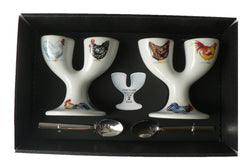 Chicken double egg cups - 2 ceramic egg cups with spoons gift boxed