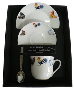 Chicken trio set. cup & saucer with teaspoon and matching tea plate gift boxed