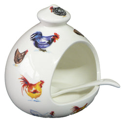 Chicken cockerel salt pig. Large salt pig decorated with colourful chickens and cockerels & ceramic spoon