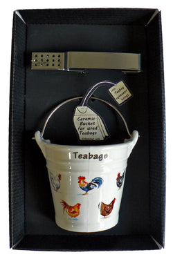 Chicken / cockerel bucket shaped Teabag tidy used teabag holder & tongs in gift tray shrink wrapped