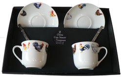 Chicken cockerel rooster design set of 2 cups and saucers gift boxed with teaspoons