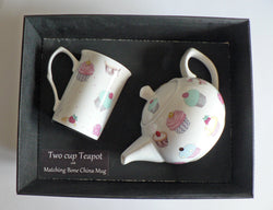 Cupcake 2 cup teapot,with matching bone china mug - gift boxed.