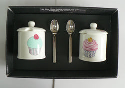 Cupcake design Set of 2 bone preserve jars & spoons gift boxed