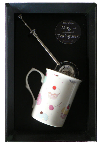 Cupcake bone china mug with stainless steel tea infuser gift boxed