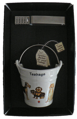 Dogs bucket shaped Teabag tidy used teabag holder  & tongs in gift tray shrink wrapped