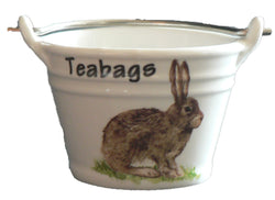 Hares teabag tidy Bucket, small bucket decorated with cute young hare