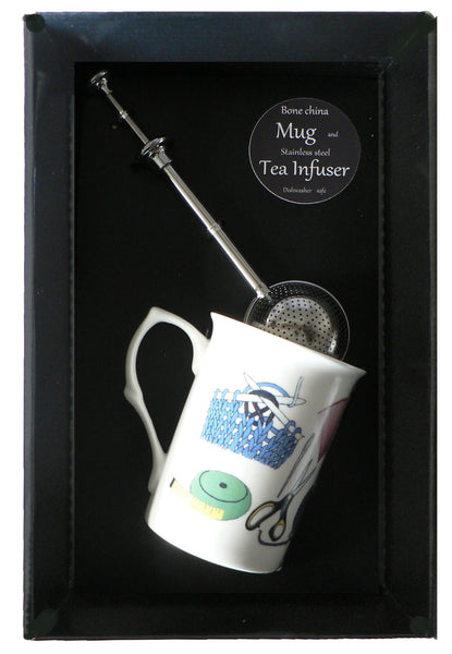 Knitting bone china mug with stainless steel tea infuser gift boxed