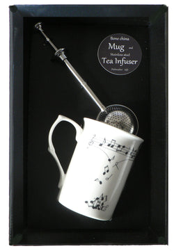 Music notes bone china mug with stainless steel tea infuser gift boxed
