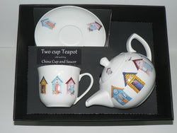 Beach Huts 2 cup teapot, cup and saucer with gift boxed option