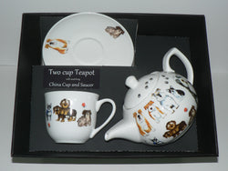 Dog 2 cup teapot, cup and saucer gift boxed.