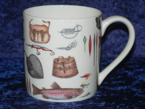 Fishing tackle pint mug Bone china mug decorated with fishing tackle chintz design