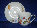 Bone china cup and saucer set decorated with a fun sewing/needlework design
