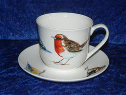 Bone china cup and saucer set with garden birds design, robin blue tit chaffinch