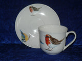 Bone china cup and saucer set with garden birds design, robin blue tit chaffinch
