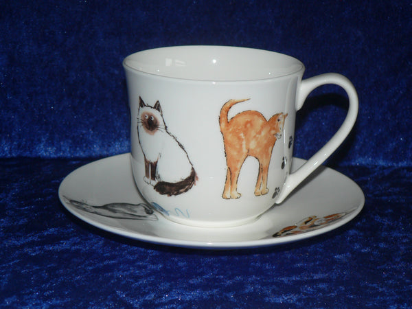 Bone china cup and saucer set decorated with a range of our very popular cats
