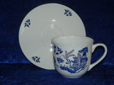 Bone china cup and saucer set decorated with our traditional blue willow pattern design
