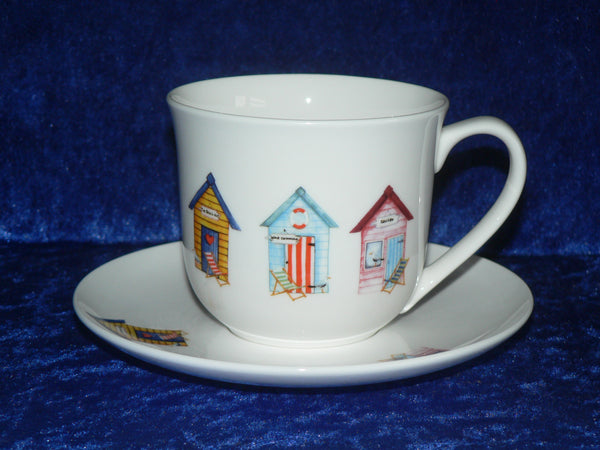 Bone china cup and saucer set decorated with colourful beach huts