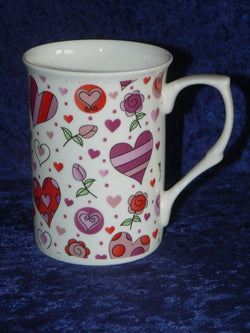 Pink hearts bone china mug - shabby chic design hearts and flowers