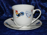 Chicken, cockerel, rooster, hen teacup and saucer set.  Bone china cup and saucer gift boxed with spoon
