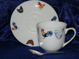 Chicken, cockerel, rooster, hen teacup and saucer set.  Bone china cup and saucer gift boxed with spoon