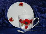 Poppy teacup and saucer set.  Bone china cup and saucer gift boxed with spoon