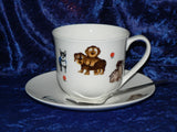 Dogs teacup and saucer set.  Bone china cup and saucer gift boxed with spoon