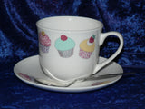 Cupcake teacup and saucer set.  Bone china cup and saucer gift boxed with spoon