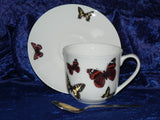Butterfly teacup and saucer set.  Bone china cup and saucer gift boxed with spoon