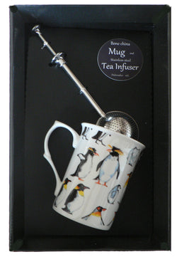 Penguin bone china mug with stainless steel tea infuser gift boxed