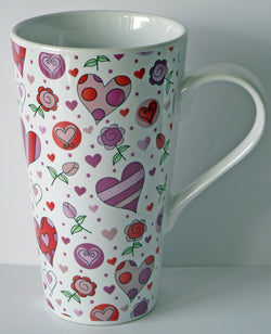 Pink & red love hearts ceramic large latte mug 3/4pt capacity shabby chic design