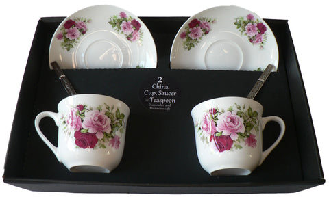 Pink rose design set of 2 cups and saucers gift boxed with teaspoons