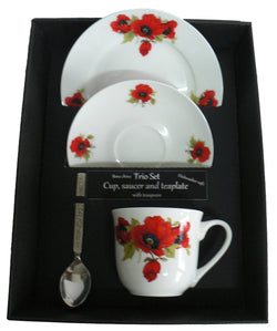 Poppy trio set. cup & saucer with teaspoon and matching tea plate gift boxed