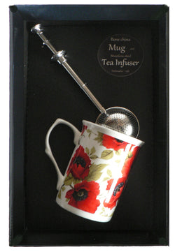Poppy bone china mug with stainless steel tea infuser gift boxed