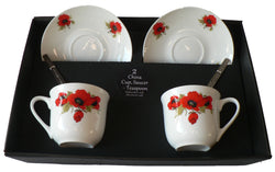 Poppy design set of 2 cups and saucers gift boxed with teaspoons