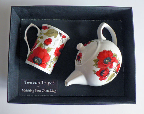 Poppy 2 cup teapot,with matching bone china mug - gift boxed