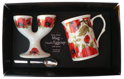 Poppy Double eggcup with Egg Spoon and Bone China Mug Gift Boxed