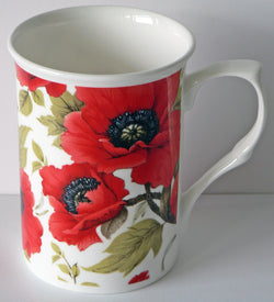 Poppy China mug, Bone china mug decorated all round with pretty poppies